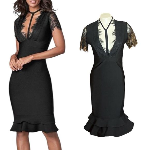 VENUS Dresses & Skirts - Venus‎ Black Chantilly Lace Black Bandage VNeck Dress Ruffle Hem